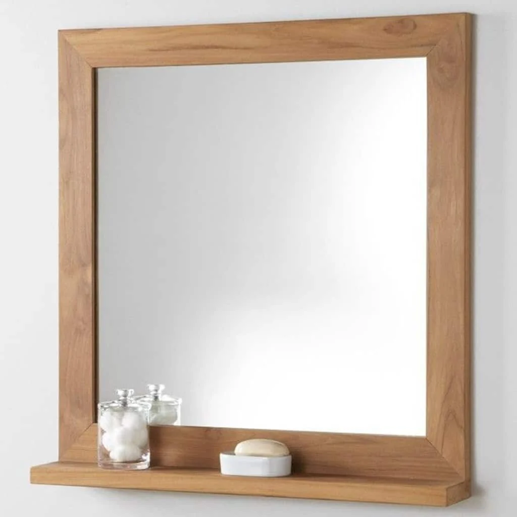 Wooden Wall-Mounted Bathroom Mirror with Shelf - Natural Beige
