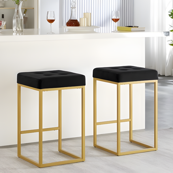 Modern Velvet Bar Stool with Gold Metal Frame - Black