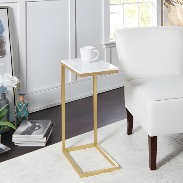 C-Shaped Side Table with Marble Top and Metal Frame - Gold & White