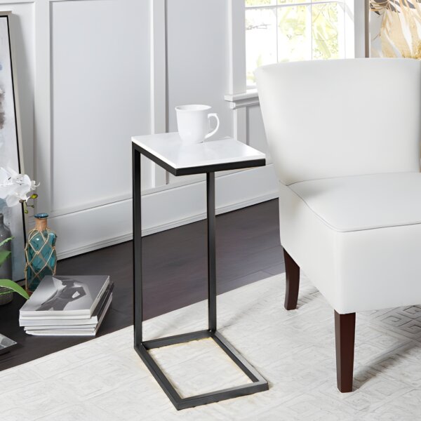 C-Shaped Side Table with Marble Top and Metal Frame - Black & White