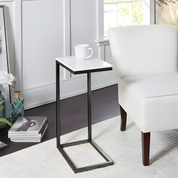 C-Shaped Side Table with Marble Top and Metal Frame - Black & White