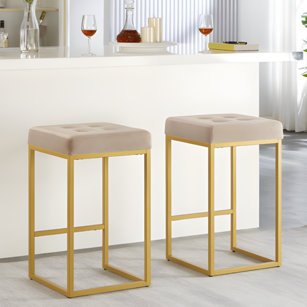 Modern Velvet Bar Stool with Gold Metal Frame - Pink
