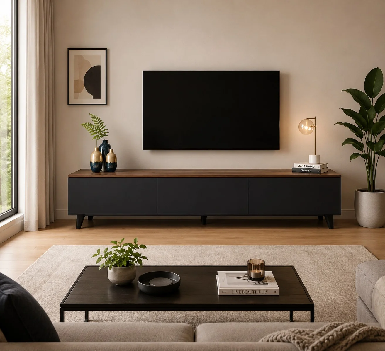 Modern Two-Tone Wood Top & Dark Brown TV Console