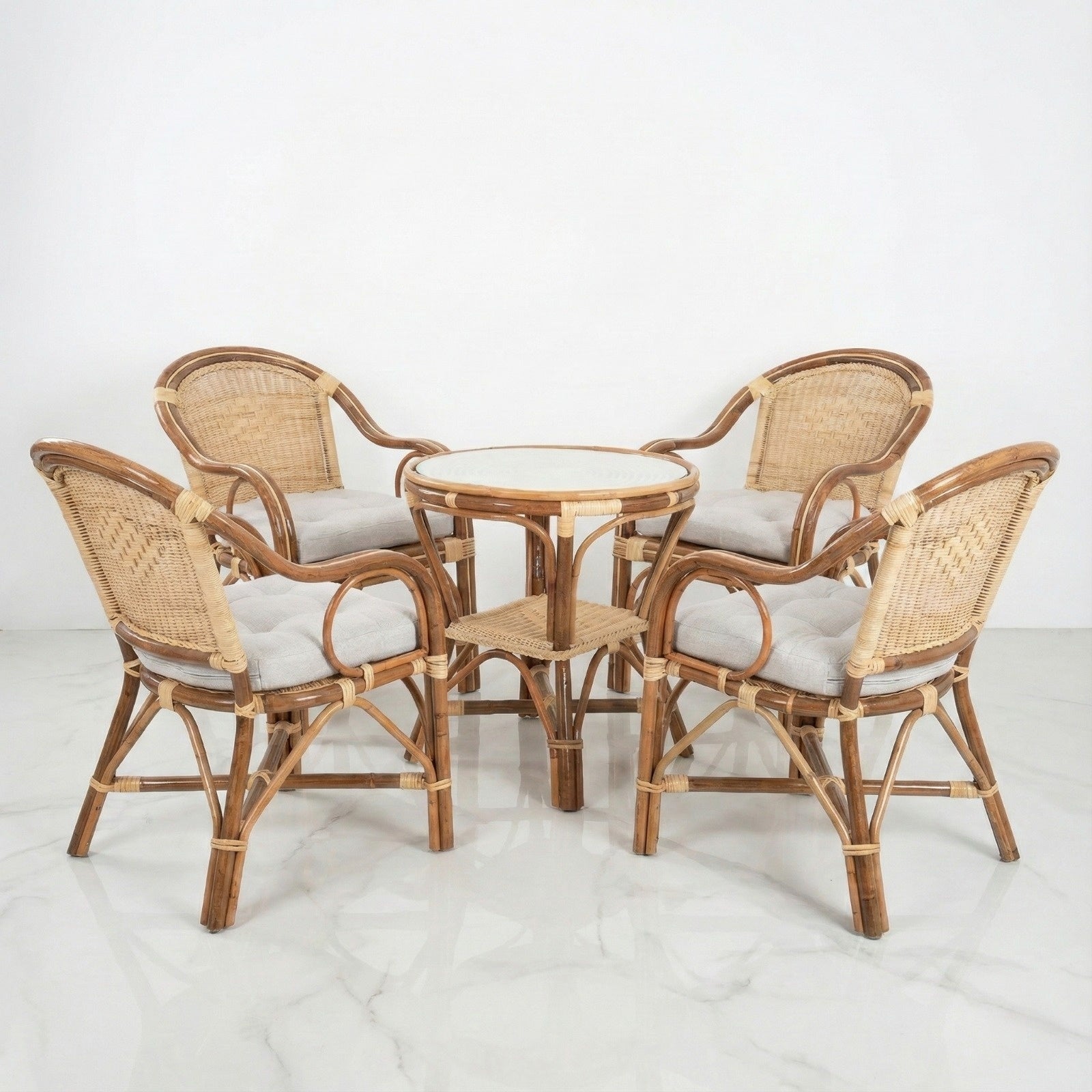 Passion Outdoor Boho Bamboo Seating Set (4 Armchairs + Table)