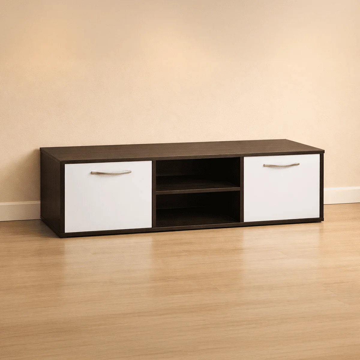 Modern Two-Tone TV Stand with Side Cabinets & Open Shelving