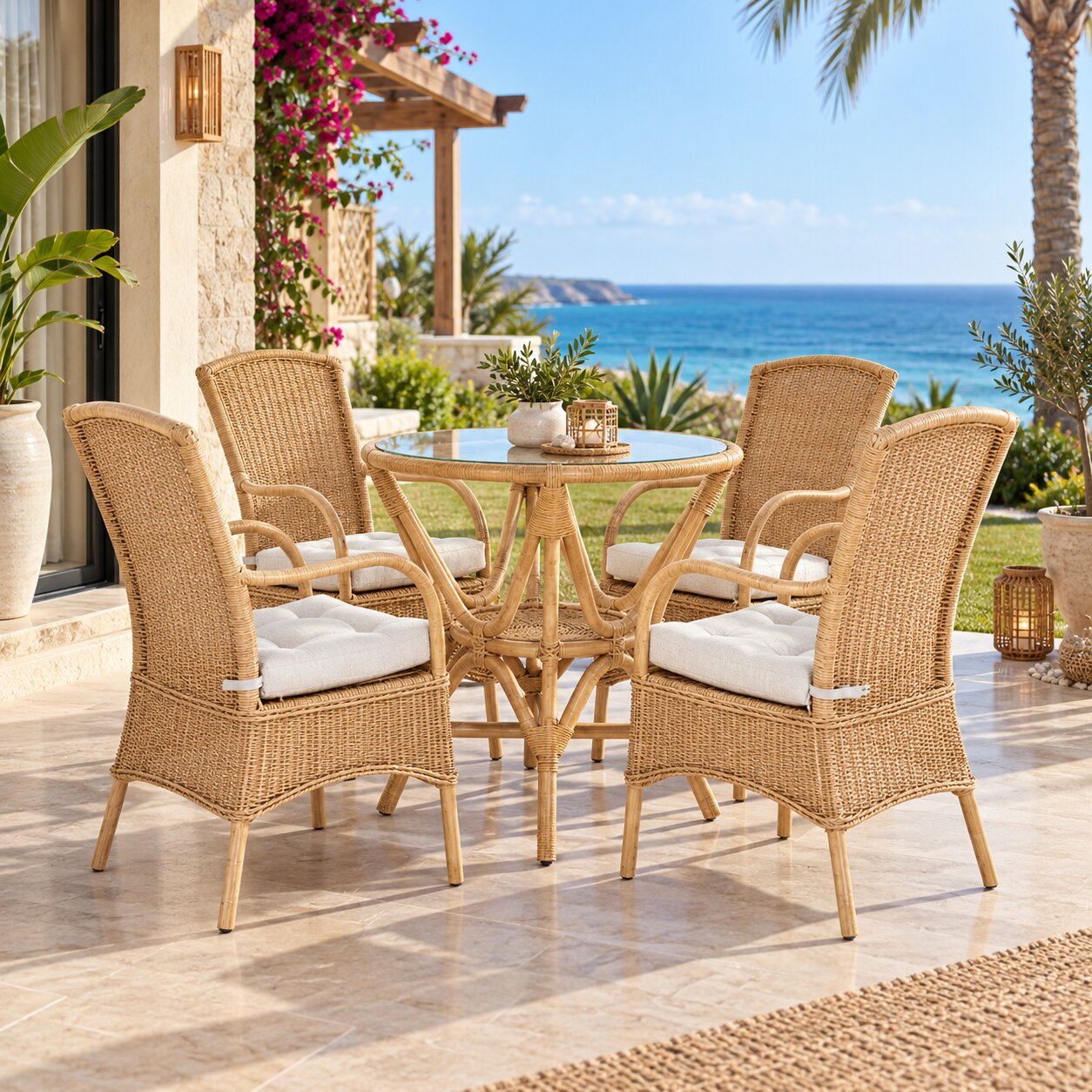 Heritage Outdoor Bamboo Seating Set (4 Armchairs + Table) - Image 2