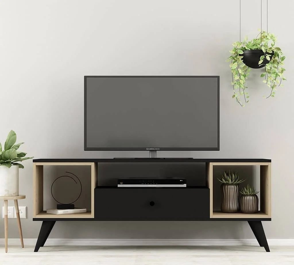 Modern Two-Tone TV Unit with Open Storage Cubes & Drawer