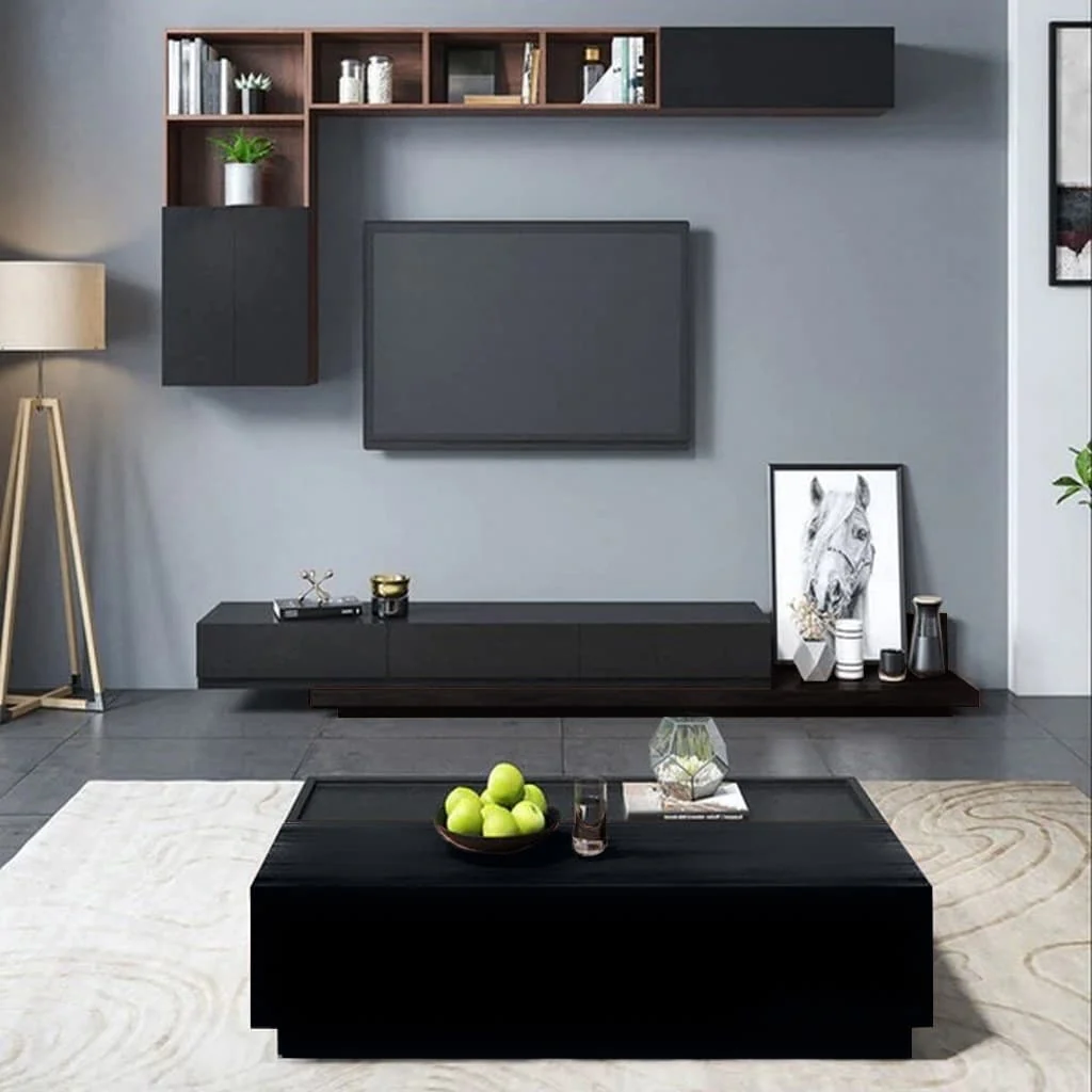Modern Black TV Unit with Wall Shelving Set & Matching Coffee Table