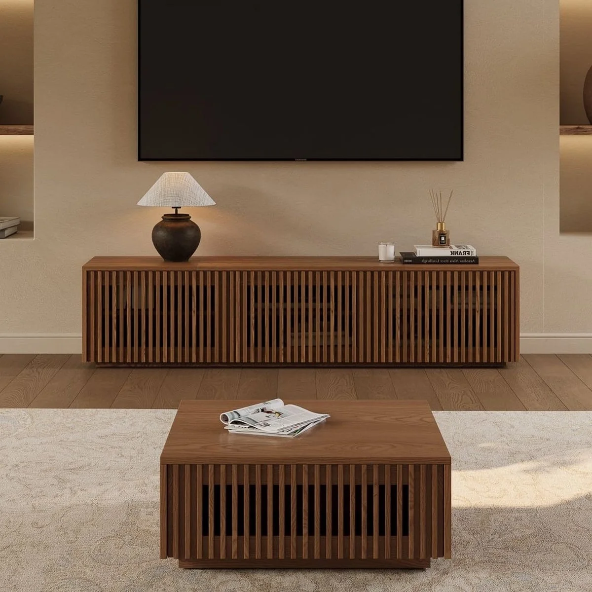 Modern Slatted Wooden TV Console & Coffee Table Set