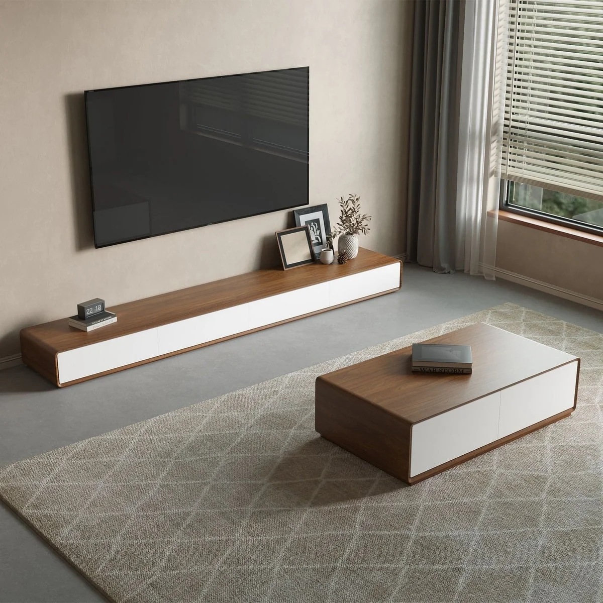 Modern Rounded Two-Tone TV Console & Coffee Table Set