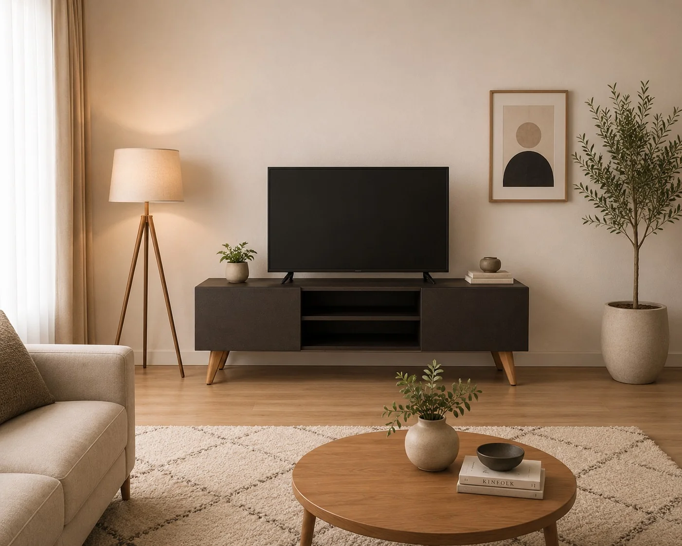 Modern Black TV Console with Central Open Shelving & Wooden Legs