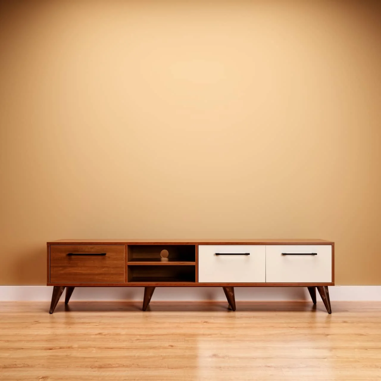Mid-Century Modern Multi-Tone TV Stand with Drawers & Open Shelving