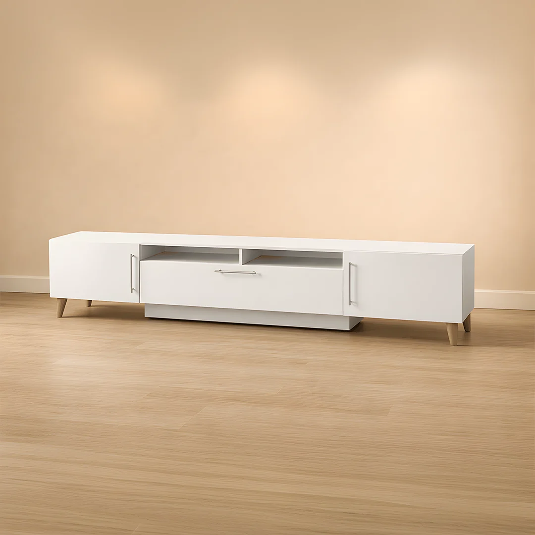 Extra Wide Modern White TV Stand with Cabinets & Storage Drawer
