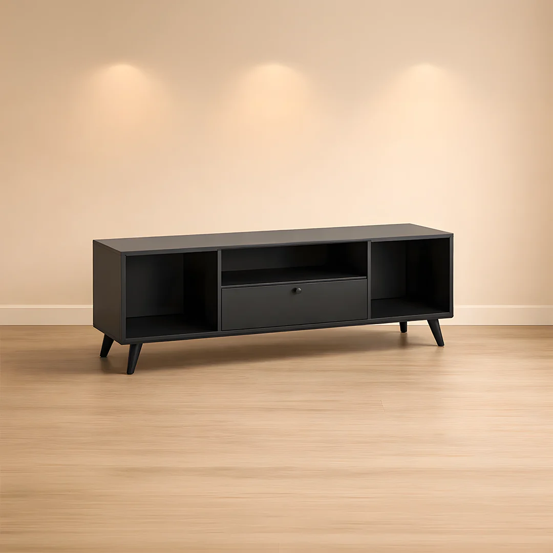 Modern Black TV Console with Open Compartments & Storage Drawer