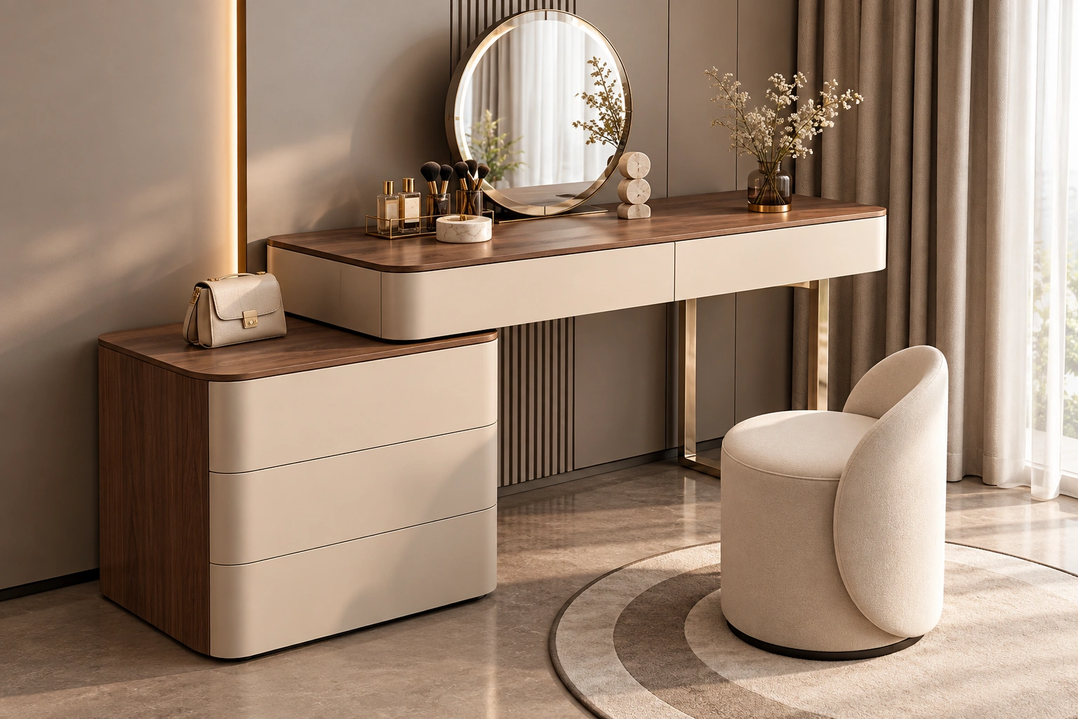 Modern Vanity Dressing Table with Linen Ottoman Pouf