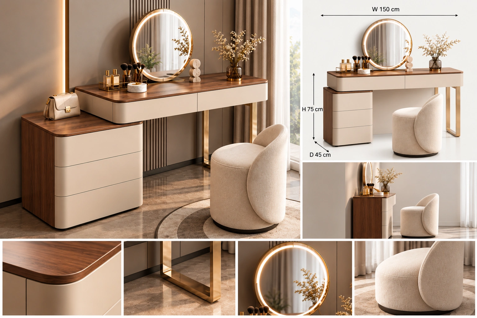 Modern Vanity Dressing Table with Linen Ottoman Pouf - Image 2