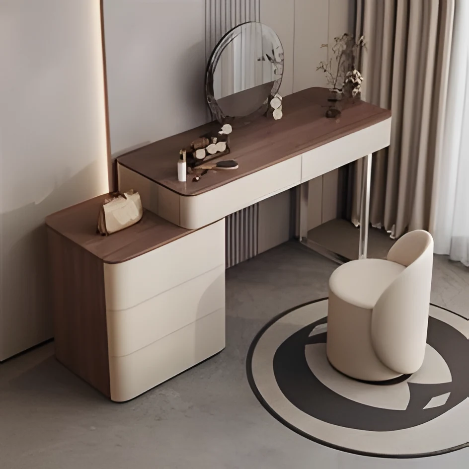 Modern Vanity Dressing Table with Linen Ottoman Pouf Set - VL-55104