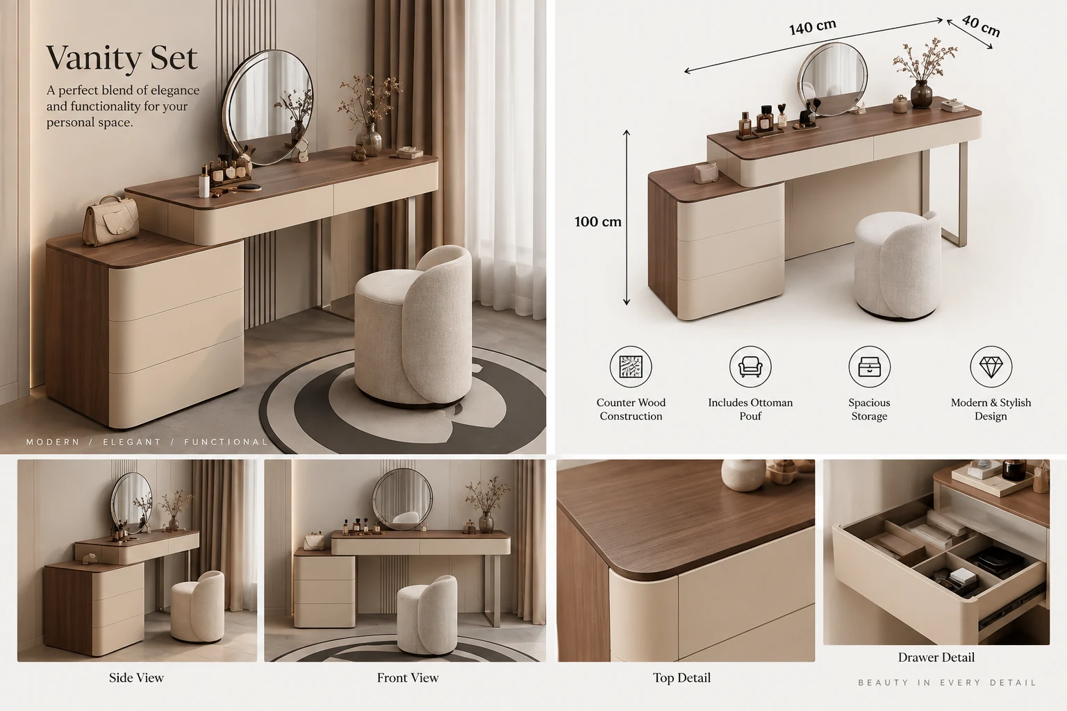 Modern Vanity Dressing Table with Linen Ottoman Pouf Set - VL-55104 - Image 2