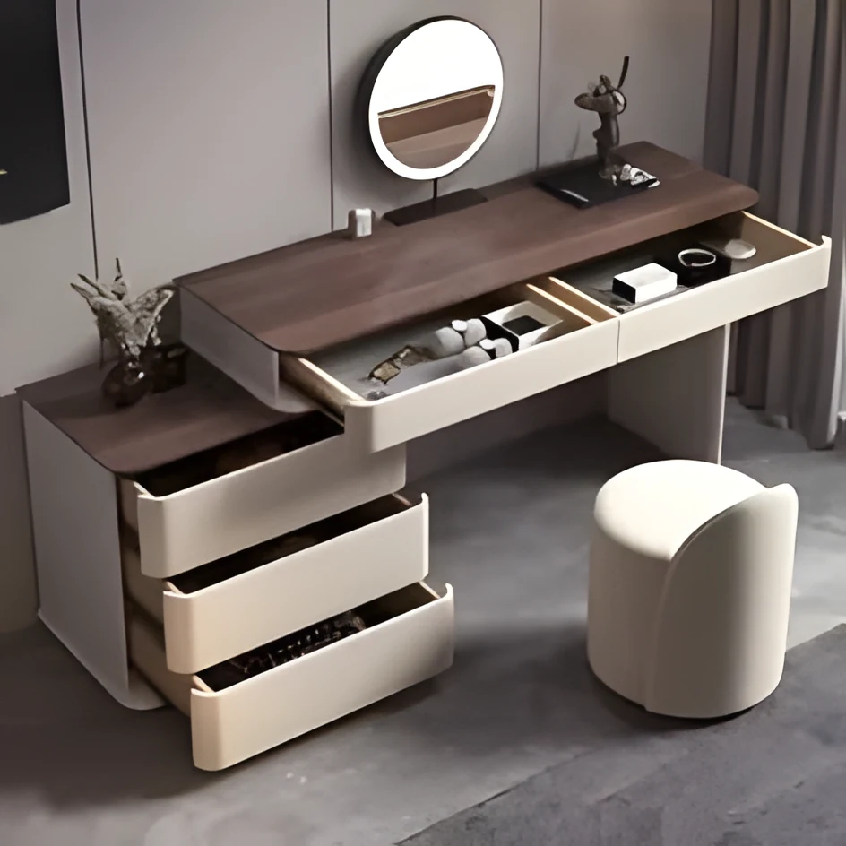 Modern Vanity Dressing Table with Linen Ottoman Pouf Set - VL-55104 - Image 3