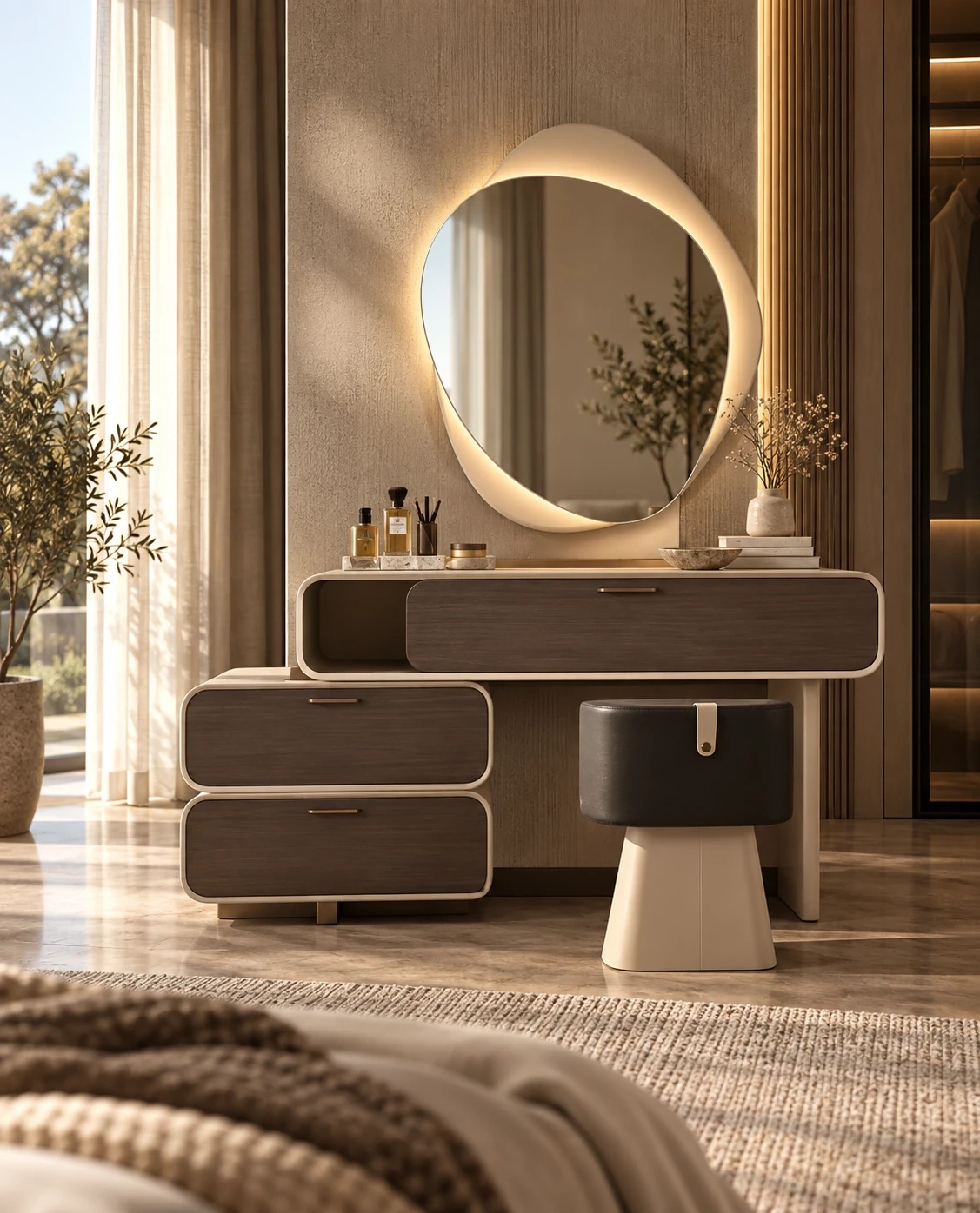 Asymmetrical Modern Vanity Table with Backlit Mirror