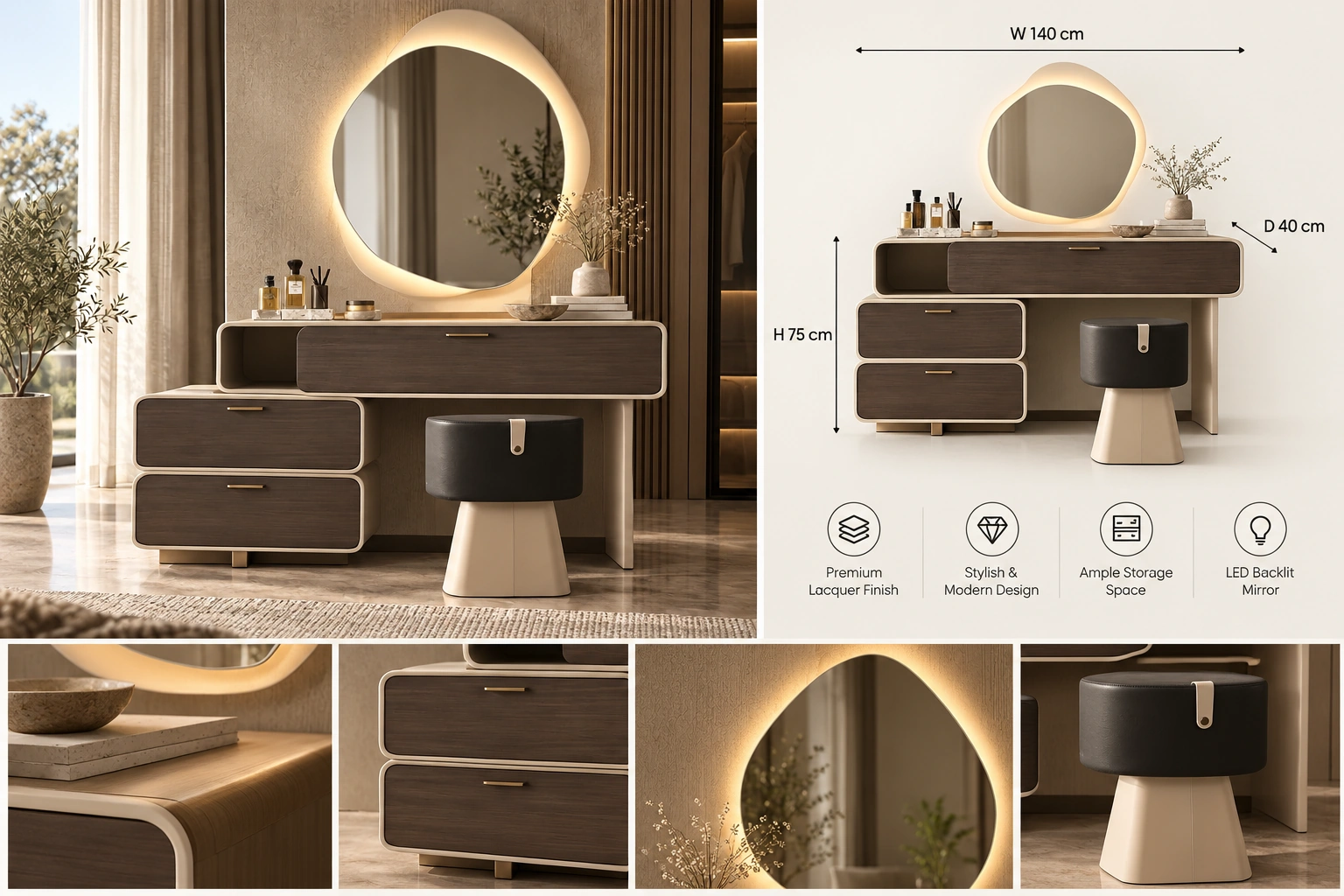 Asymmetrical Modern Vanity Table with Backlit Mirror - Image 2
