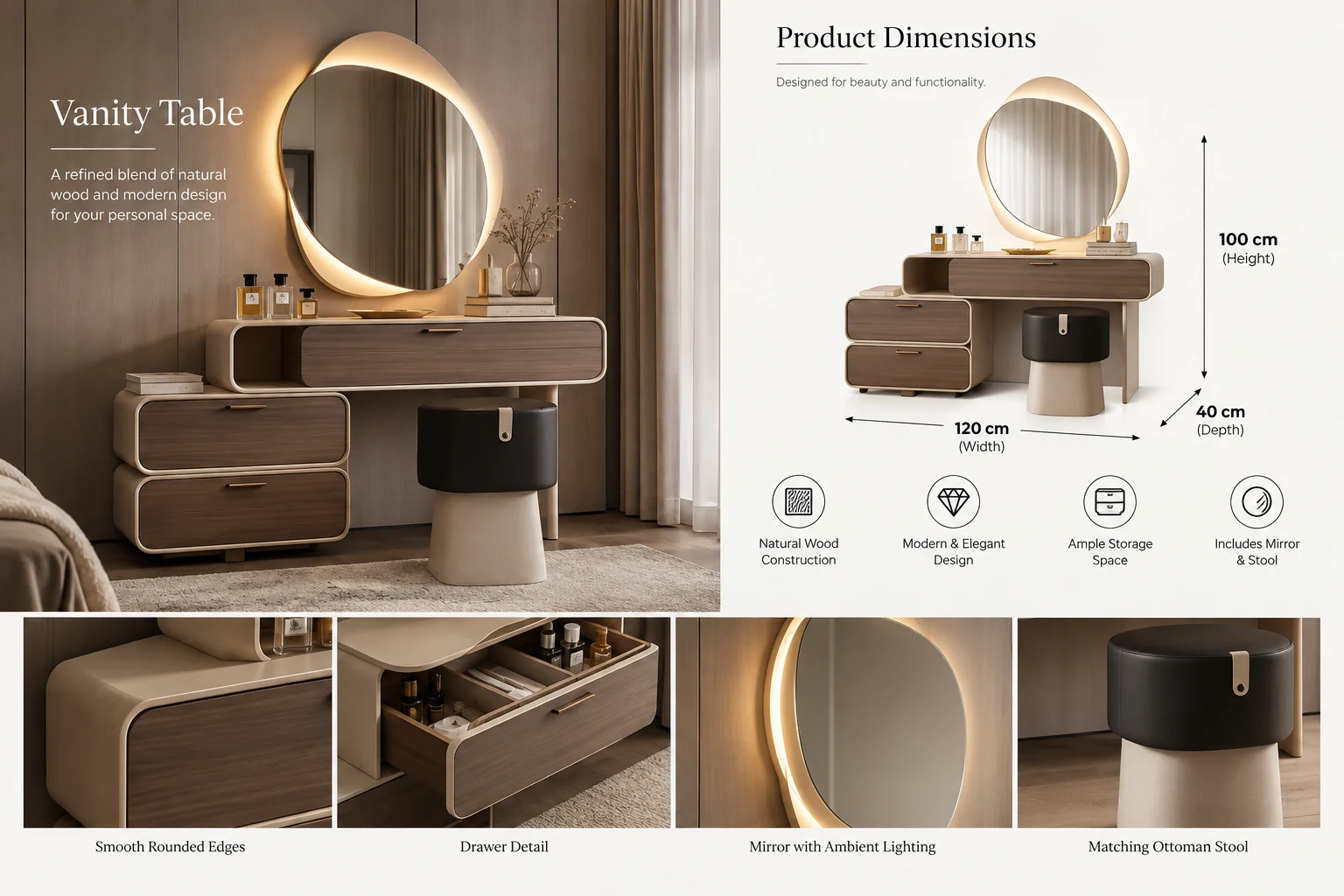 Natural Wood Dressing Table Vanity - VL-55110 - Image 2