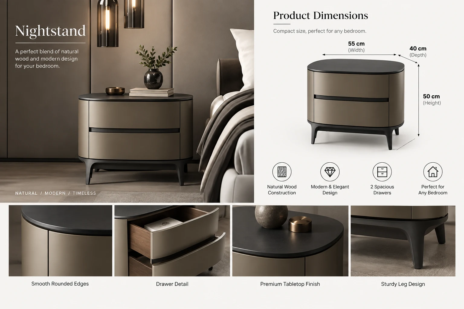 Natural Wood Bedside Nightstand - VL-55114 - Image 2