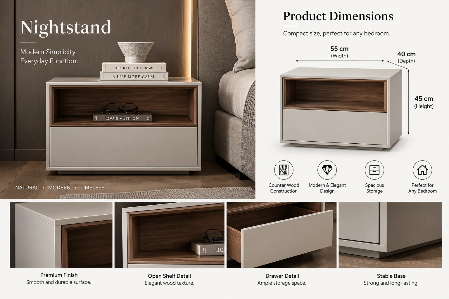 Counter Wood Bedside Nightstand - VL-55119