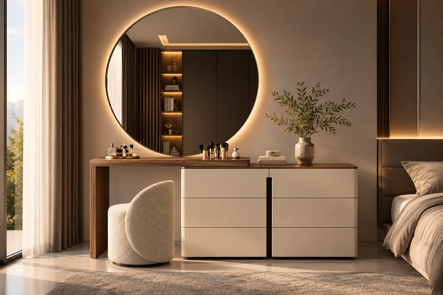 Wide Vanity Dresser with Round Backlit Mirror