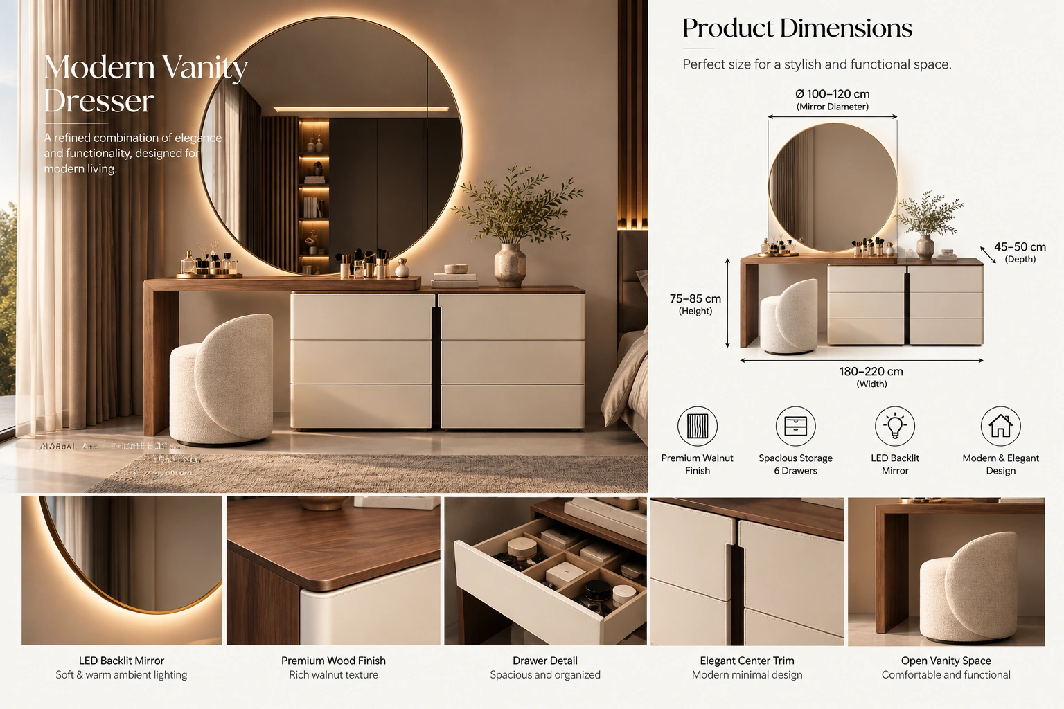 Wide Vanity Dresser with Round Backlit Mirror - Image 2