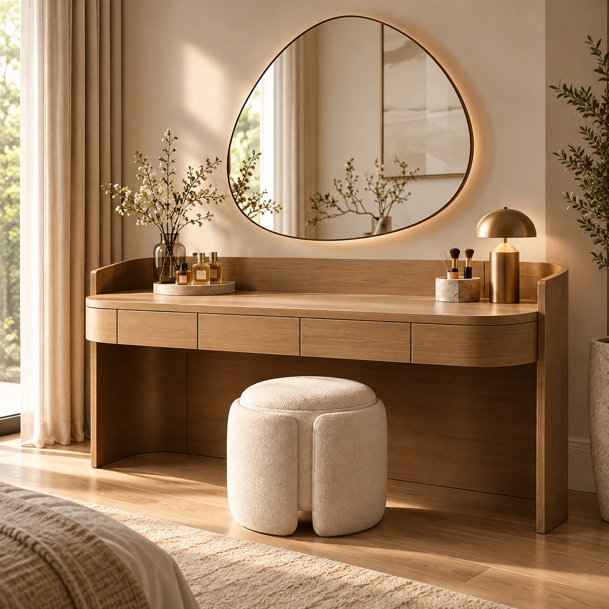Contemporary Dressing Vanity with Organic Mirror and Stool