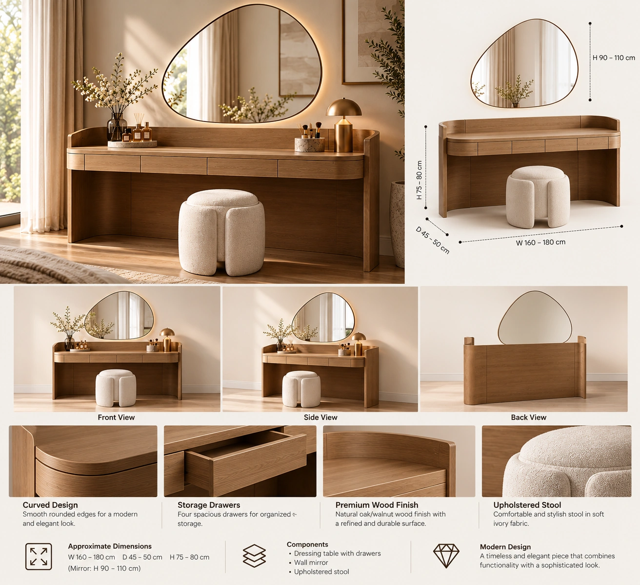 Contemporary Dressing Vanity with Organic Mirror and Stool - Image 2