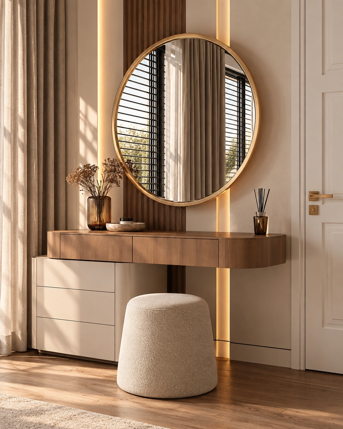 Contemporary Vanity Dressing Desk with Round Mirror