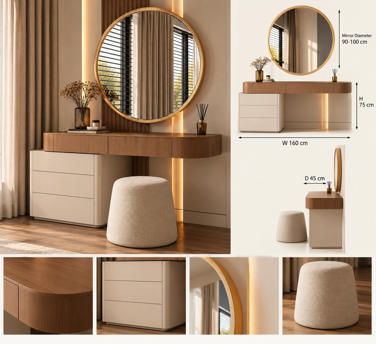 Contemporary Vanity Dressing Desk with Round Mirror - Image 2